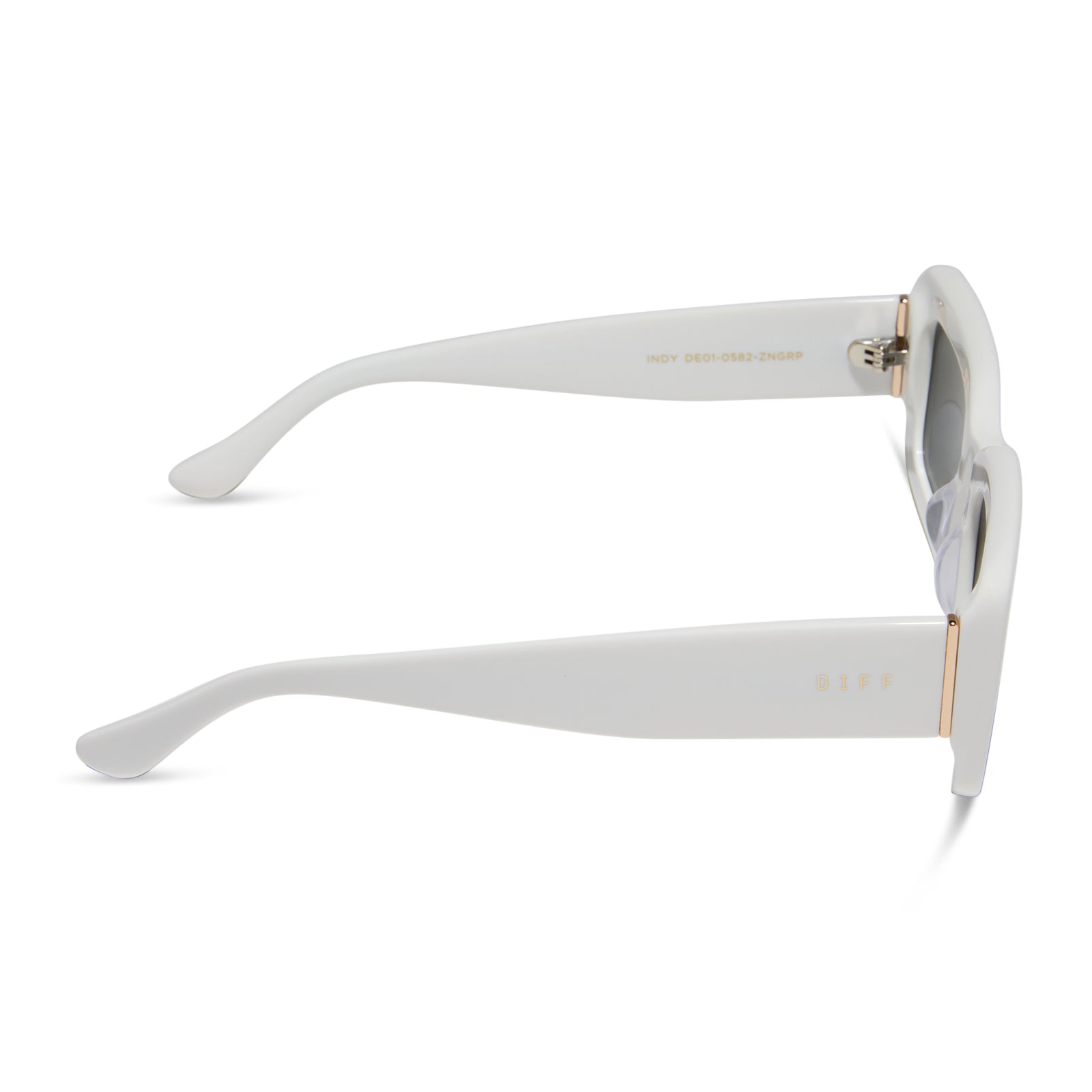 diff eyewear indy rectangular sunglasses with a white snowbound frame and grey polarized lenses side view