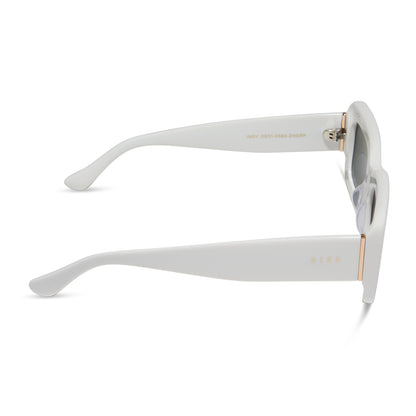 diff eyewear indy rectangular sunglasses with a white snowbound frame and grey polarized lenses side view