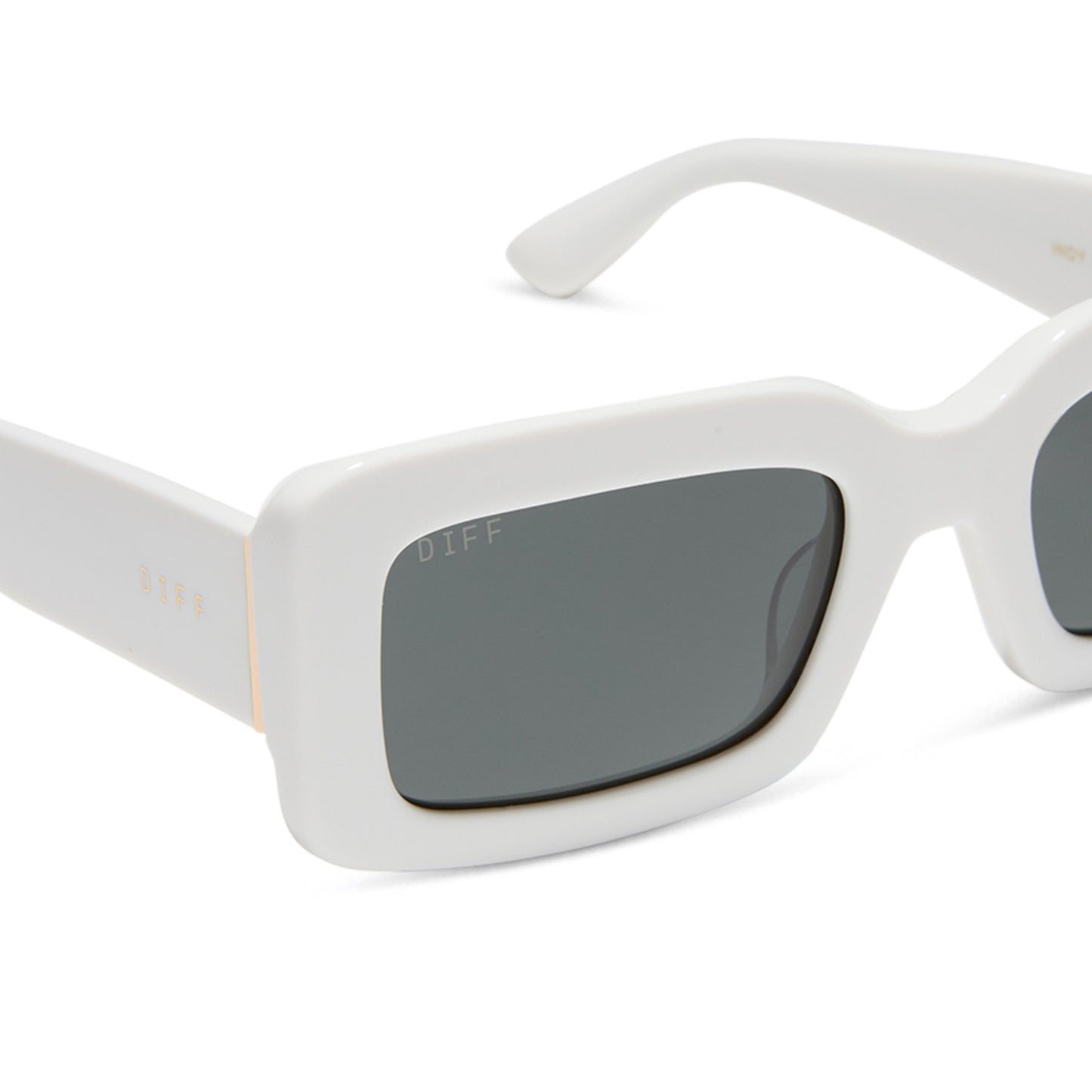 diff eyewear indy rectangular sunglasses with a white snowbound frame and grey polarized lenses detailed view