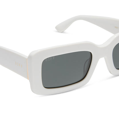 diff eyewear indy rectangular sunglasses with a white snowbound frame and grey polarized lenses detailed view