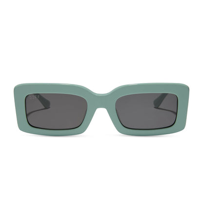 diff eyewear featuring the indy rectangle sunglasses with a steel teal frame and grey polarized lenses front view