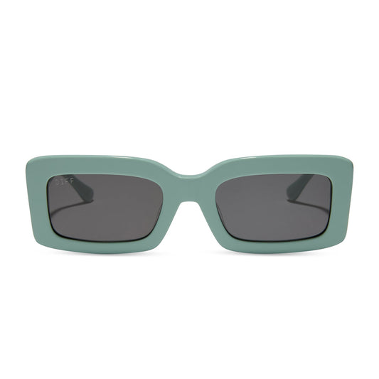 diff eyewear featuring the indy rectangle sunglasses with a steel teal frame and grey polarized lenses front view