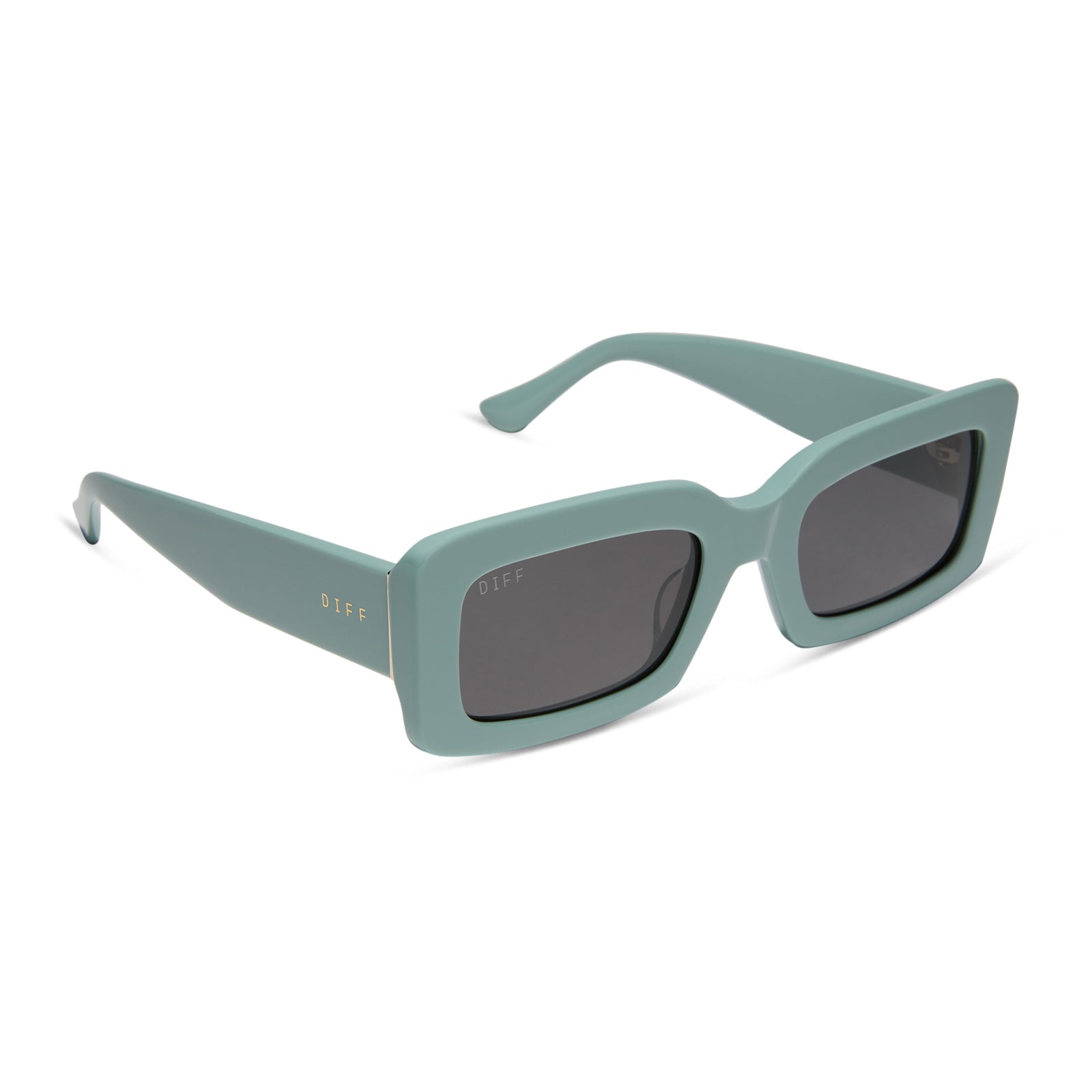 diff eyewear featuring the indy rectangle sunglasses with a steel teal frame and grey polarized lenses angled view