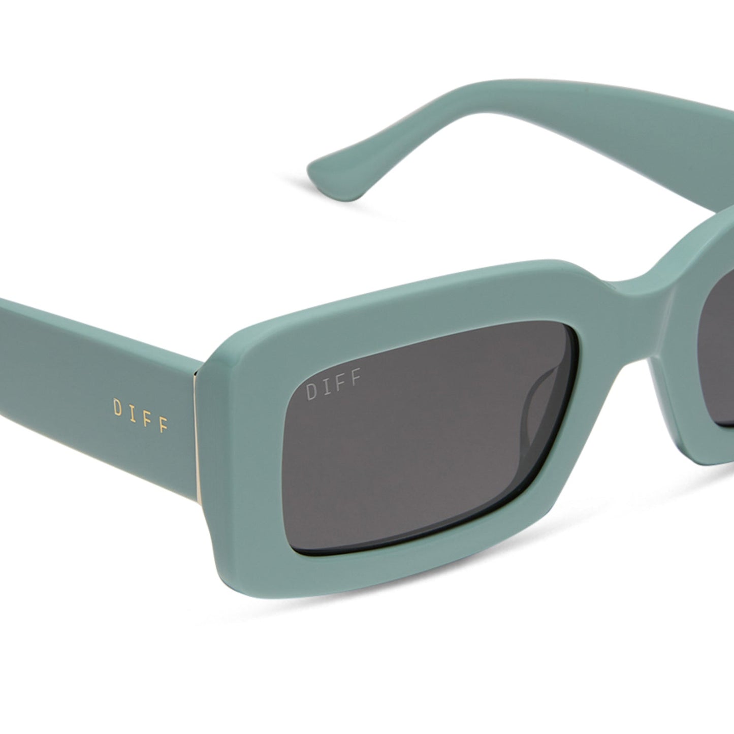 diff eyewear featuring the indy rectangle sunglasses with a steel teal frame and grey polarized lenses detailed view