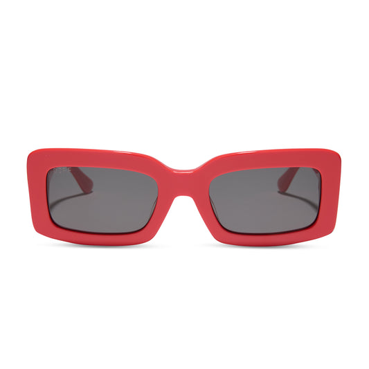 diff eyewear wholesale indy rectangular sunglasses with a sunset red frame and grey lenses front view