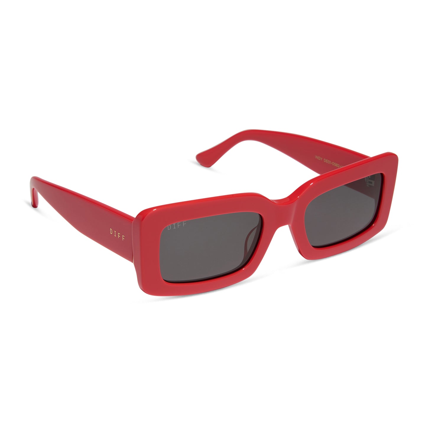 diff eyewear wholesale indy rectangular sunglasses with a sunset red frame and grey lenses angled view