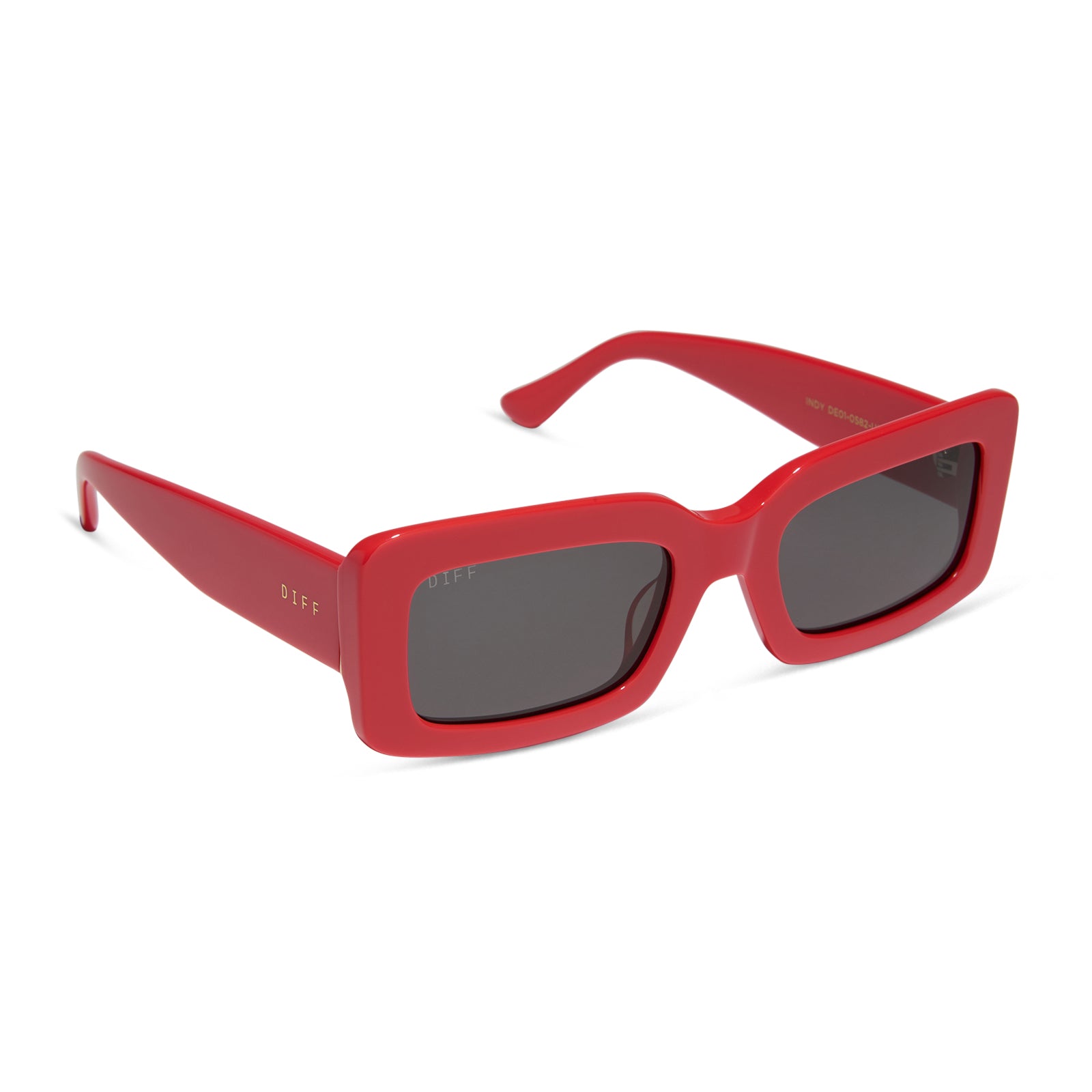 diff eyewear wholesale indy rectangular sunglasses with a sunset red frame and grey lenses angled view