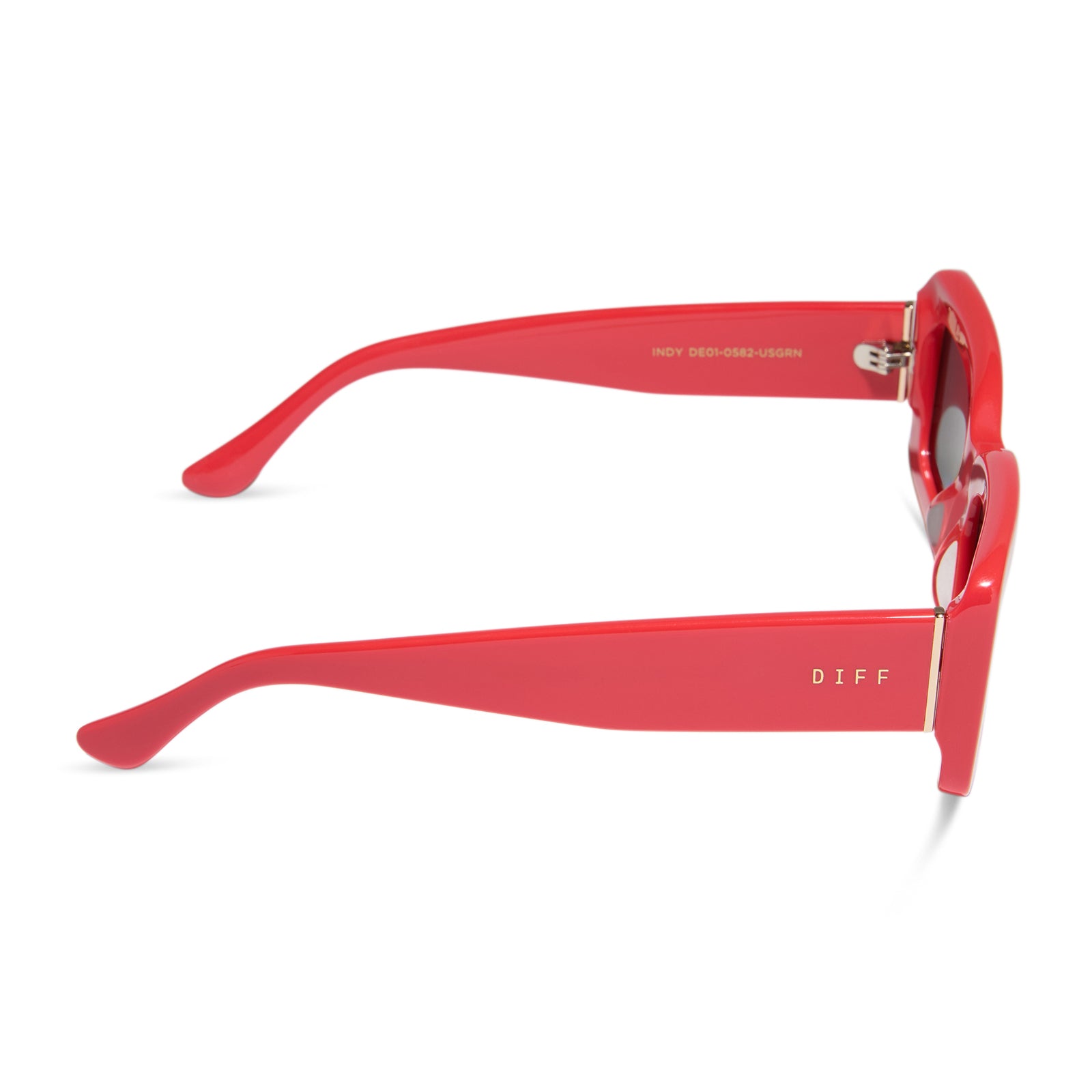 diff eyewear wholesale indy rectangular sunglasses with a sunset red frame and grey lenses side view
