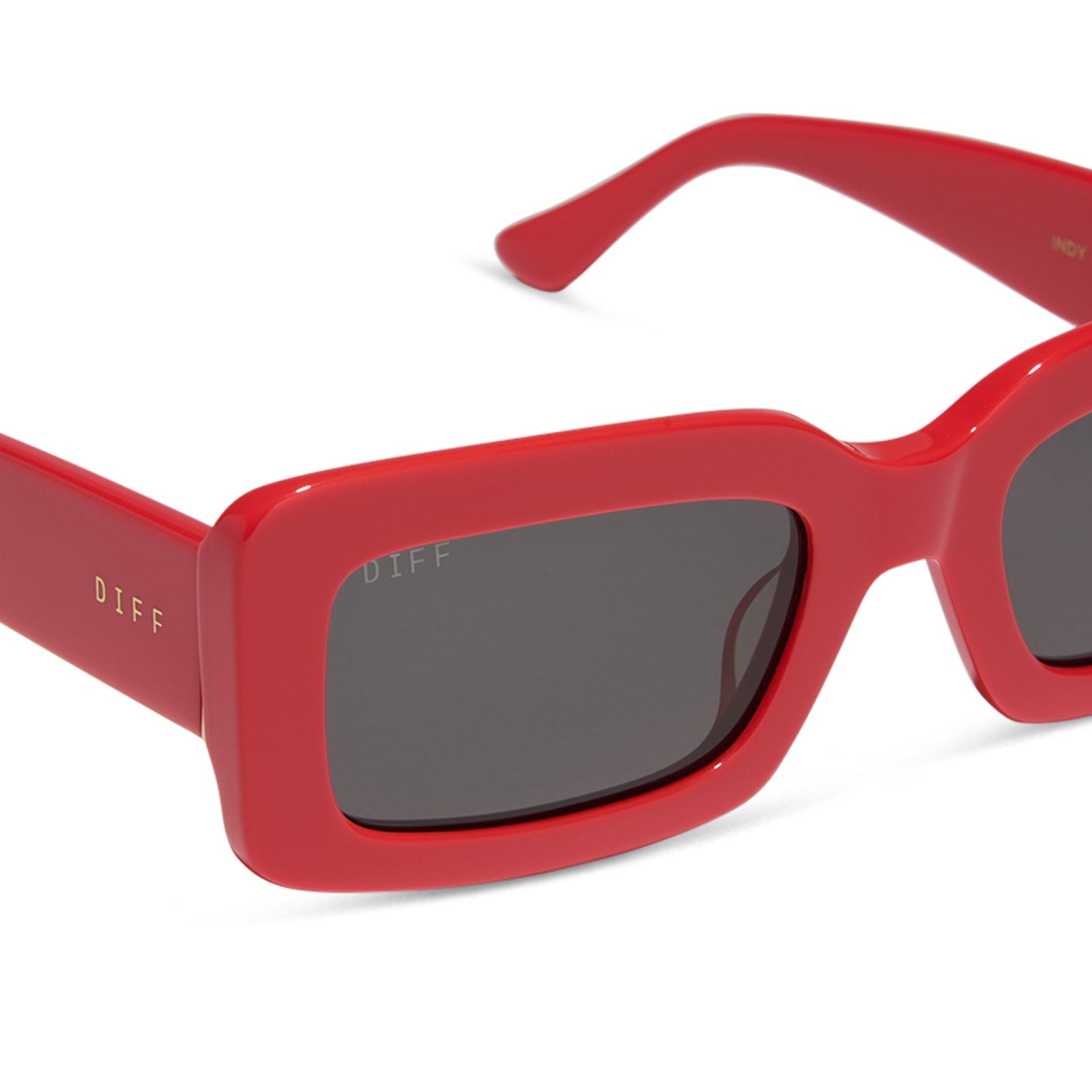 diff eyewear wholesale indy rectangular sunglasses with a sunset red frame and grey lenses detailed view