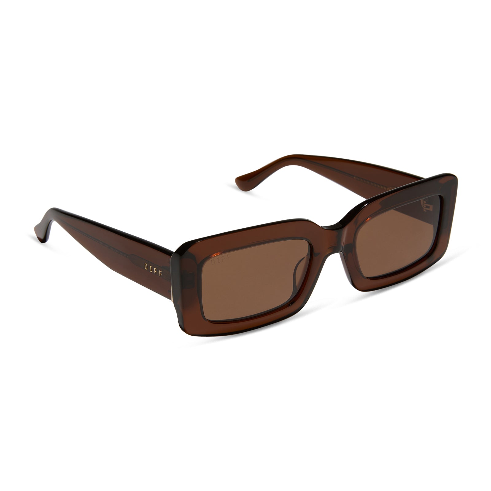 diff eyewear featuring the indy rectangle sunglasses with a whiskey frame and brown polarized lenses angled view