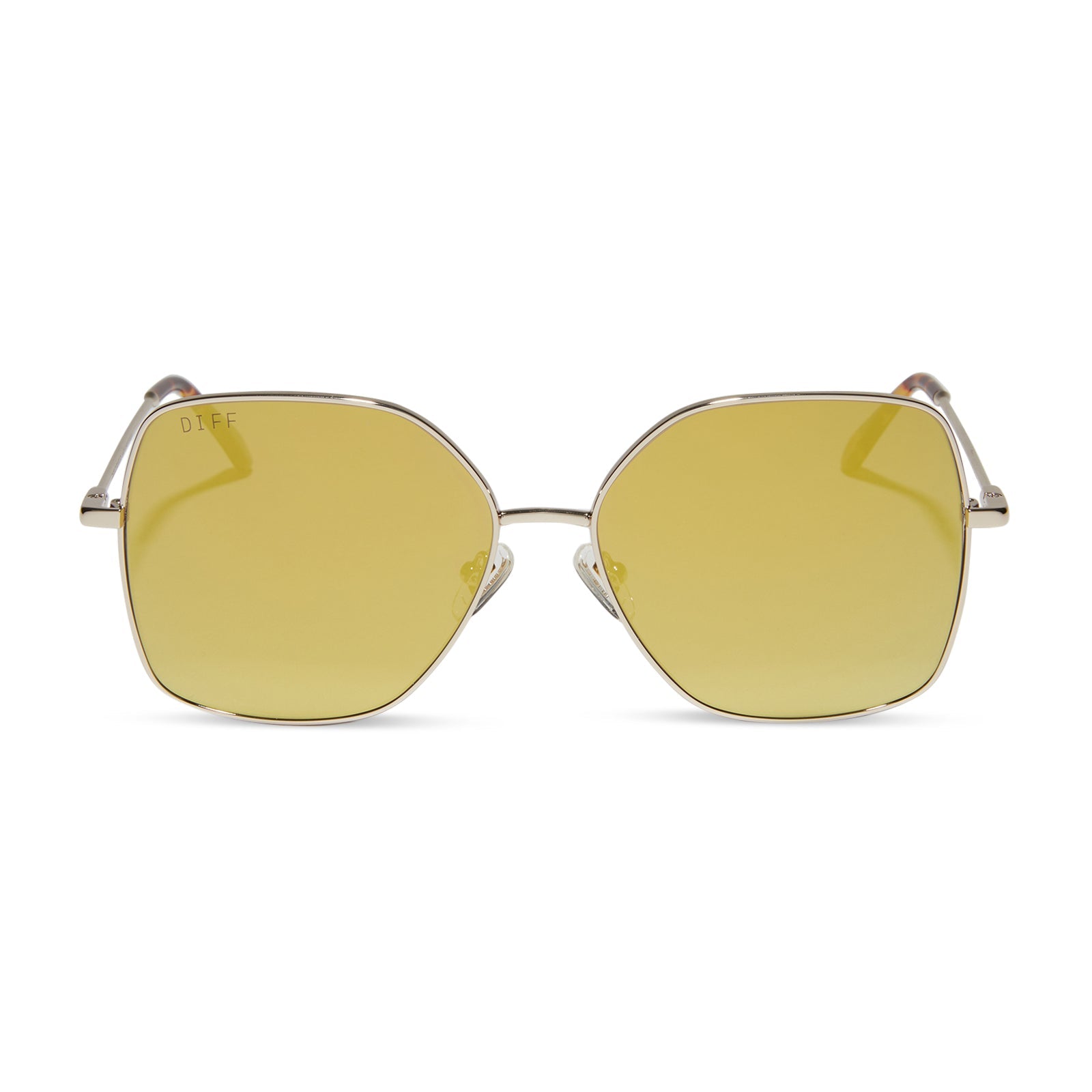 diff eyewear iris square sunglasses with a gold metal frame and brilliant gold mirror lenses front view