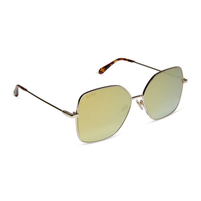 diff eyewear iris square sunglasses with a gold metal frame and brilliant gold mirror lenses angled view