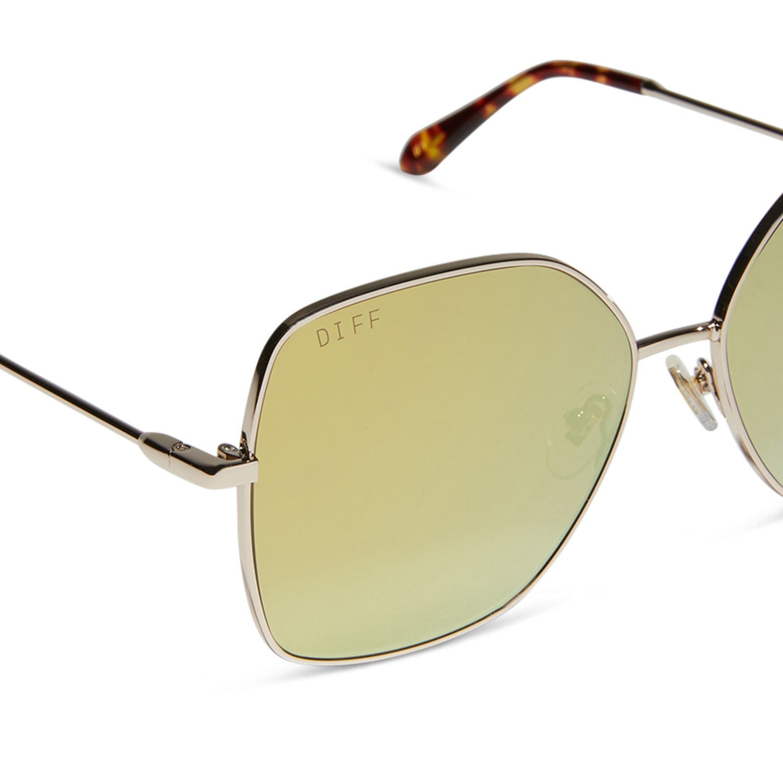 diff eyewear iris square sunglasses with a gold metal frame and brilliant gold mirror lenses detailed view