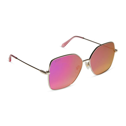 diff eyewear iris square sunglasses with a gold metal frame and pink rush mirror lenses angled view