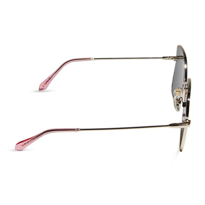 diff eyewear iris square sunglasses with a gold metal frame and pink rush mirror lenses side view