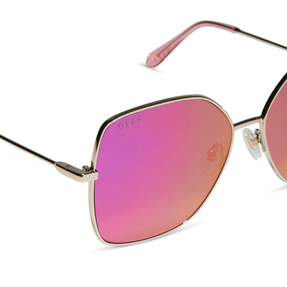 diff eyewear iris square sunglasses with a gold metal frame and pink rush mirror lenses detailed view