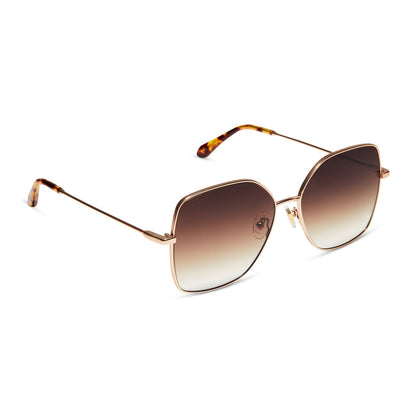 diff eyewear iris square sunglasses with a matte gold metal frame and sharp brown gradient lenses angled view