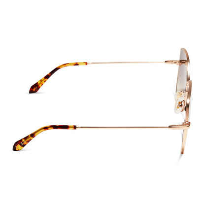 diff eyewear iris square sunglasses with a matte gold metal frame and sharp brown gradient lenses side view