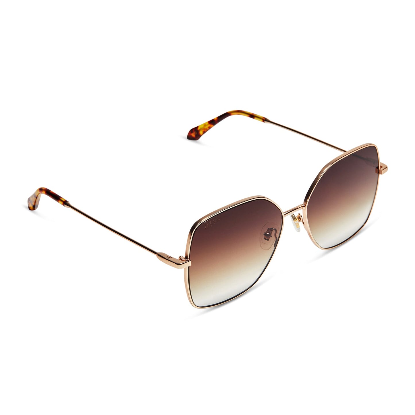 diff eyewear iris square sunglasses with a matte gold metal frame and sharp brown gradient lenses detailed view