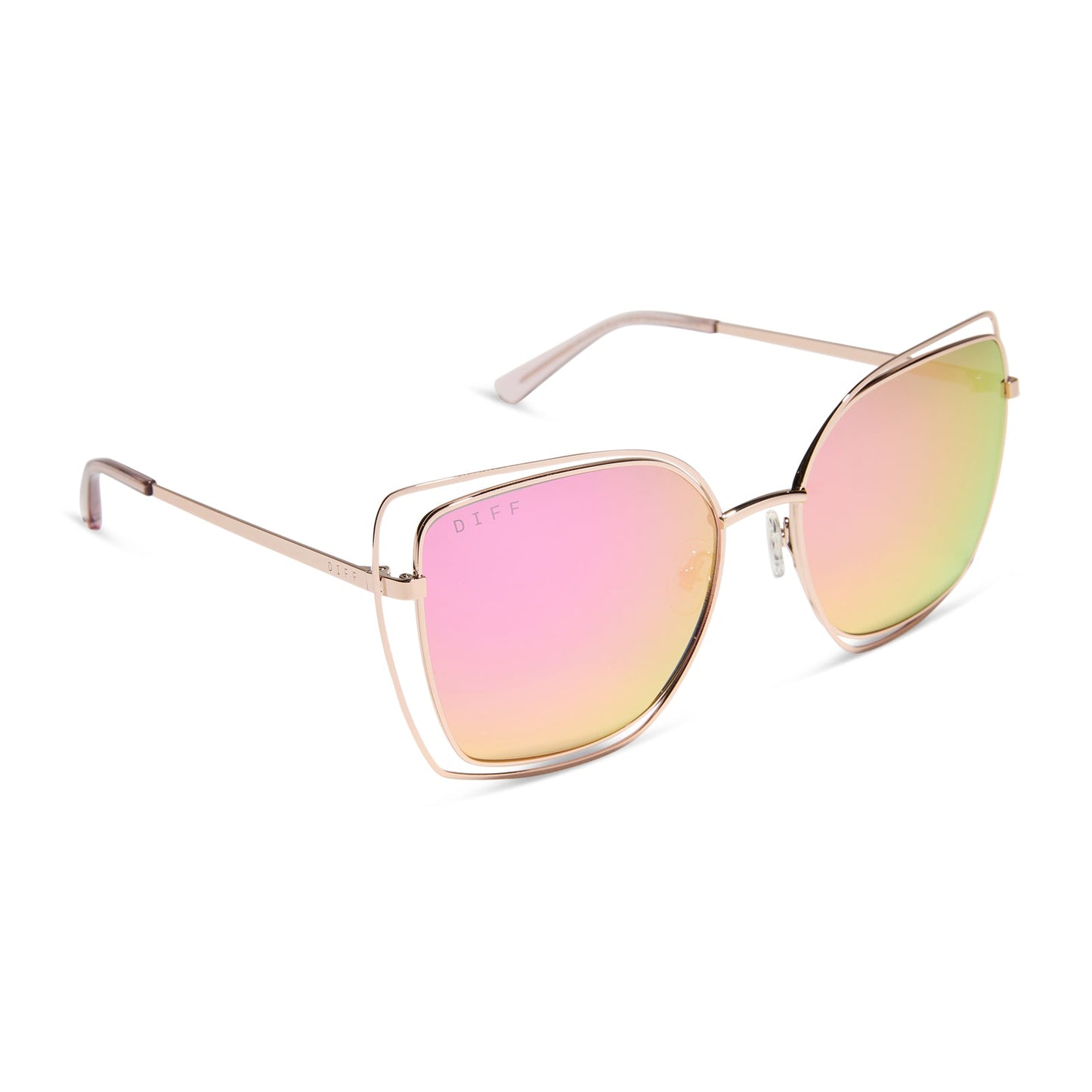 diff eyewear featuring the jacqueline square sunglasses with a champagne frame and pink mirror lenses angled view