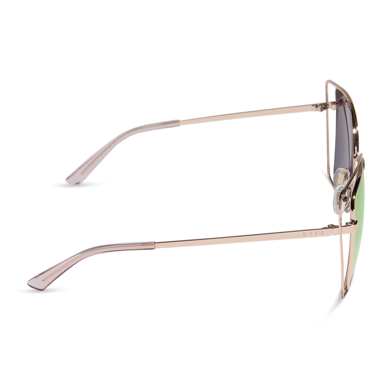 diff eyewear featuring the jacqueline square sunglasses with a champagne frame and pink mirror lenses side view