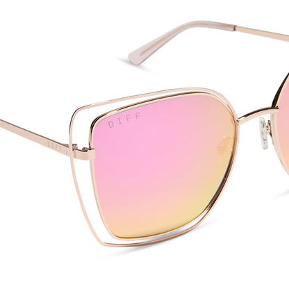 diff eyewear featuring the jacqueline square sunglasses with a champagne frame and pink mirror lenses detailed view