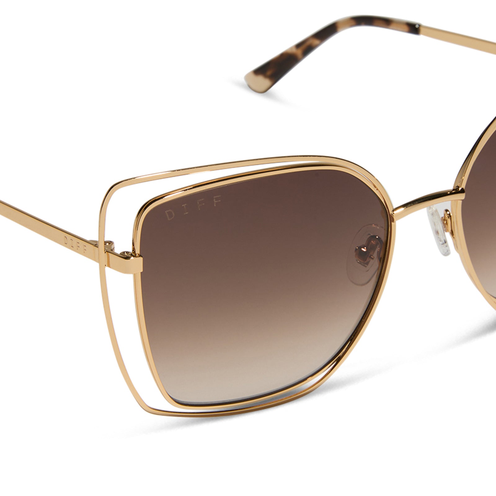 diff eyewear wholesale jacqueline square sunglasses with a gold frame and brown gradient lenses detailed view