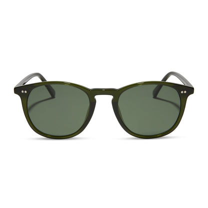 diff eyewear featuring the jaxson xl square sunglasses with a dark olive crystal frame and g15 polarized lenses front view