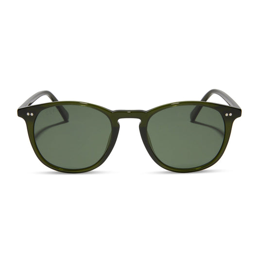 diff eyewear featuring the jaxson xl square sunglasses with a dark olive crystal frame and g15 polarized lenses front view