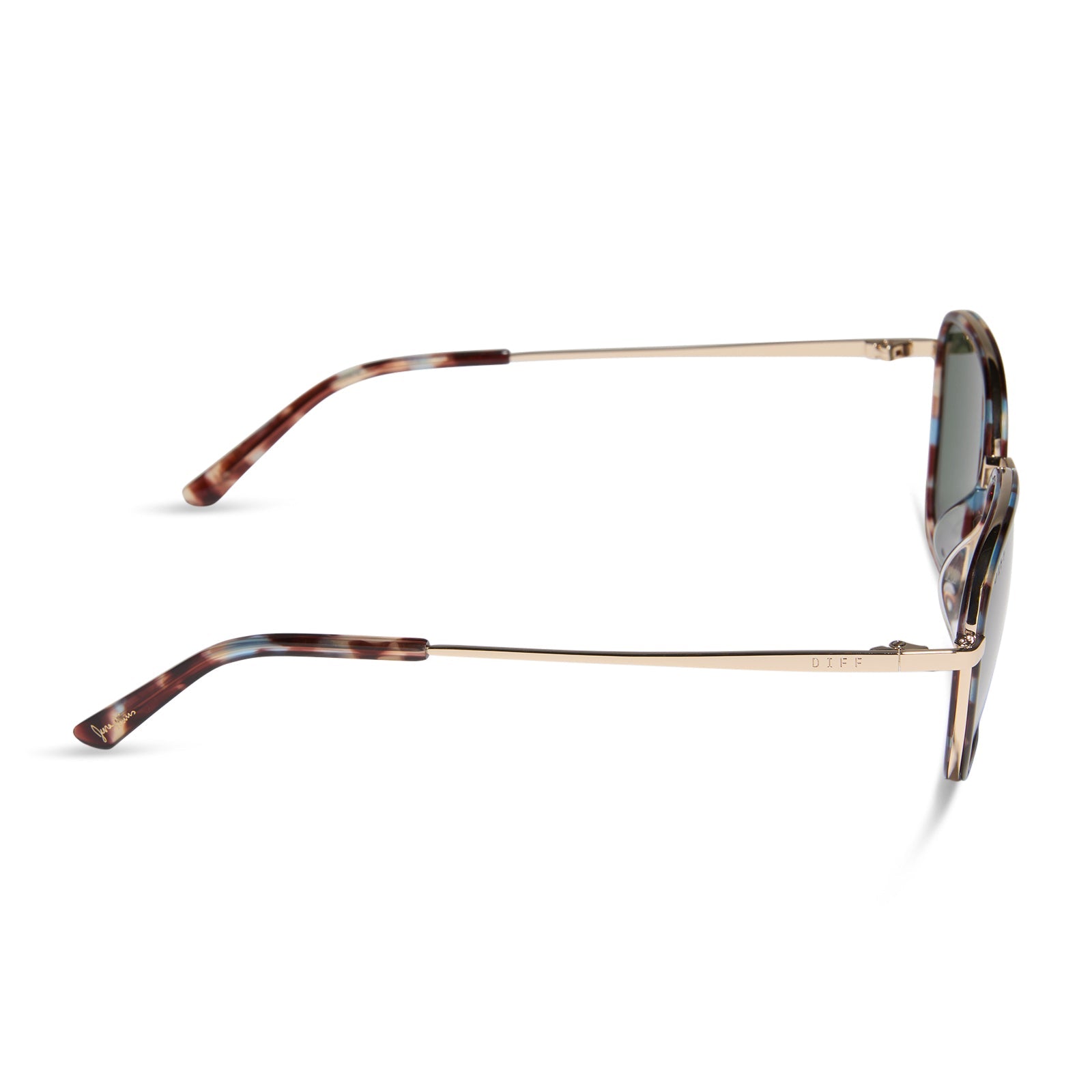 jena sims x diff eyewear featuring the hope cateye sunglasses with a blue color pop frame and g15 polarized lenses side view