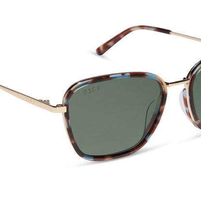 jena sims x diff eyewear featuring the hope cateye sunglasses with a blue color pop frame and g15 polarized lenses detailed view