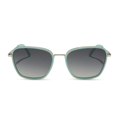 jena sims x diff eyewear featuring the hope cat eye sunglasses with a bronco blue frame and grey gradient polarized lenses front view