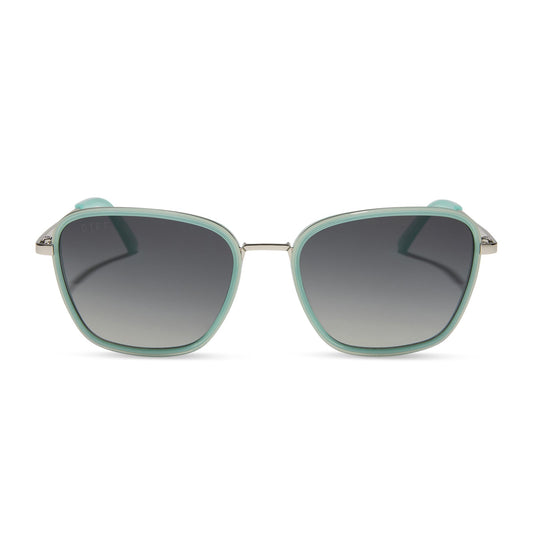 jena sims x diff eyewear featuring the hope cat eye sunglasses with a bronco blue frame and grey gradient polarized lenses front view