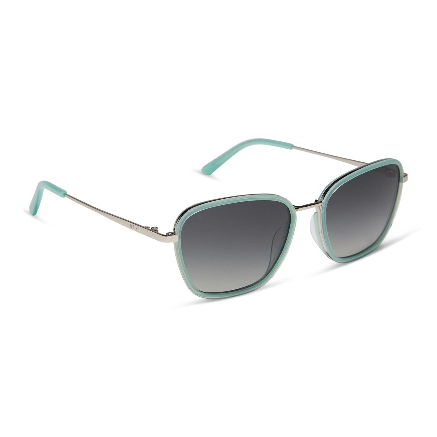 jena sims x diff eyewear featuring the hope cat eye sunglasses with a bronco blue frame and grey gradient polarized lenses angled view