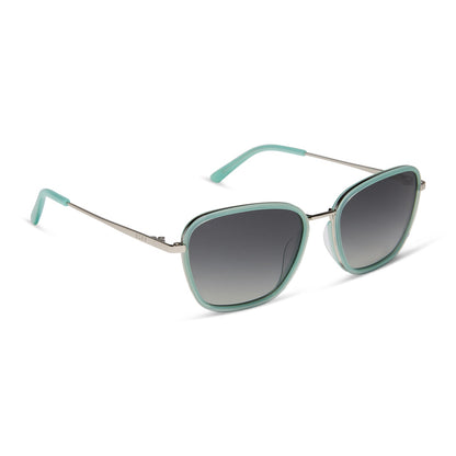 jena sims x diff eyewear featuring the hope cat eye sunglasses with a bronco blue frame and grey gradient polarized lenses angled view