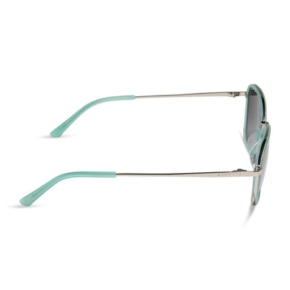 jena sims x diff eyewear featuring the hope cat eye sunglasses with a bronco blue frame and grey gradient polarized lenses side view