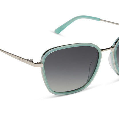 jena sims x diff eyewear featuring the hope cat eye sunglasses with a bronco blue frame and grey gradient polarized lenses detailed view
