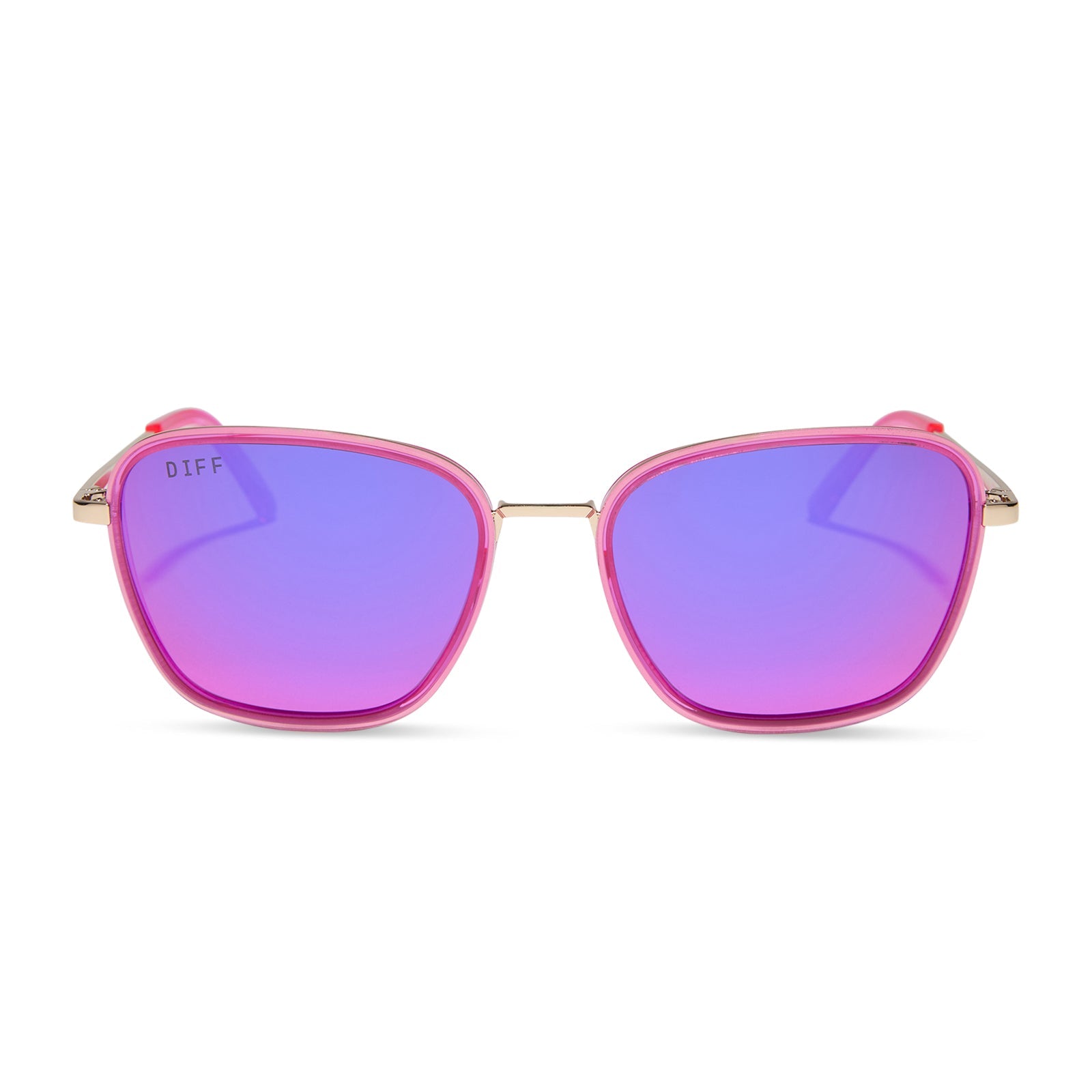 jena sims x diff eyewear featuring the hope cateye sunglasses with a hot pink and gold frame and hot pink mirror lenses front view