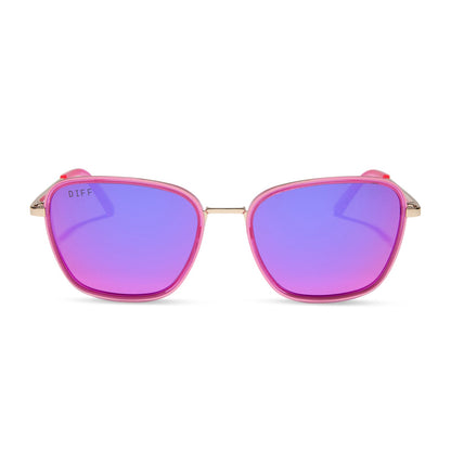 jena sims x diff eyewear featuring the hope cateye sunglasses with a hot pink and gold frame and hot pink mirror lenses front view