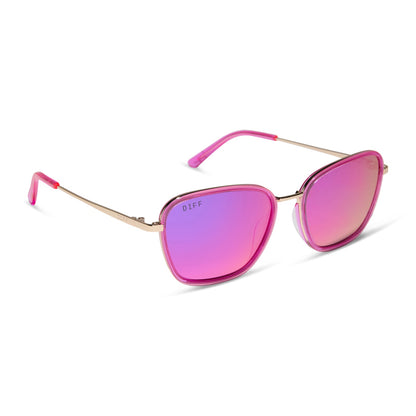 jena sims x diff eyewear featuring the hope cateye sunglasses with a hot pink and gold frame and hot pink mirror lenses angled view