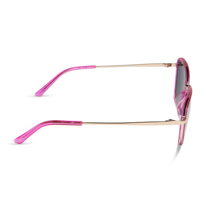 jena sims x diff eyewear featuring the hope cateye sunglasses with a hot pink and gold frame and hot pink mirror lenses side view