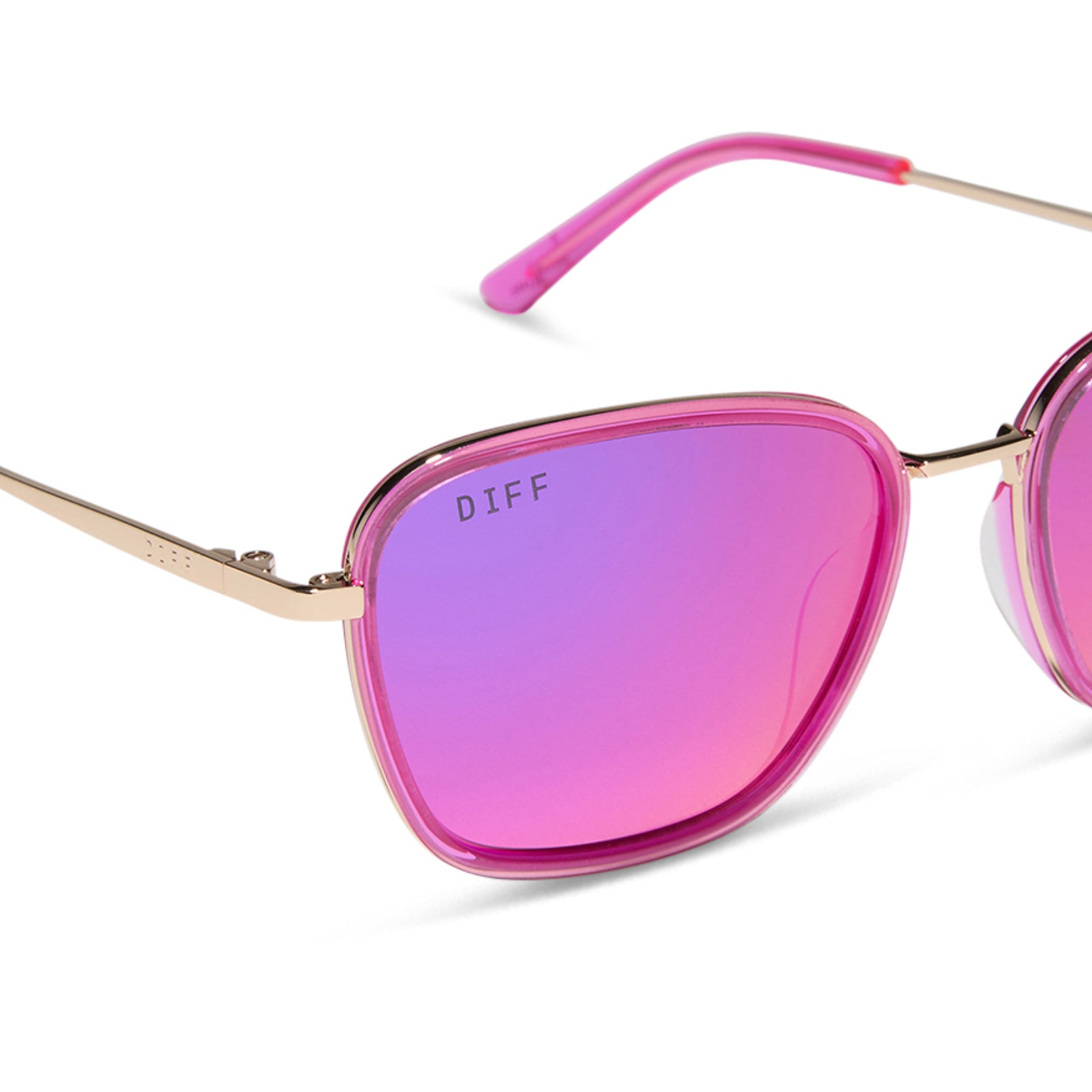 jena sims x diff eyewear featuring the hope cateye sunglasses with a hot pink and gold frame and hot pink mirror lenses detailed view