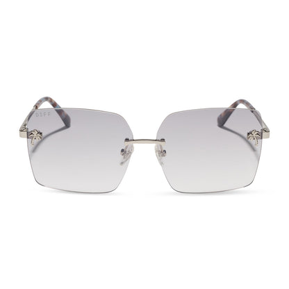 jena sims x diff eyewear featuring the rookie square sunglasses with a blue color pop and silver metal frame and sheer tint lenses front view