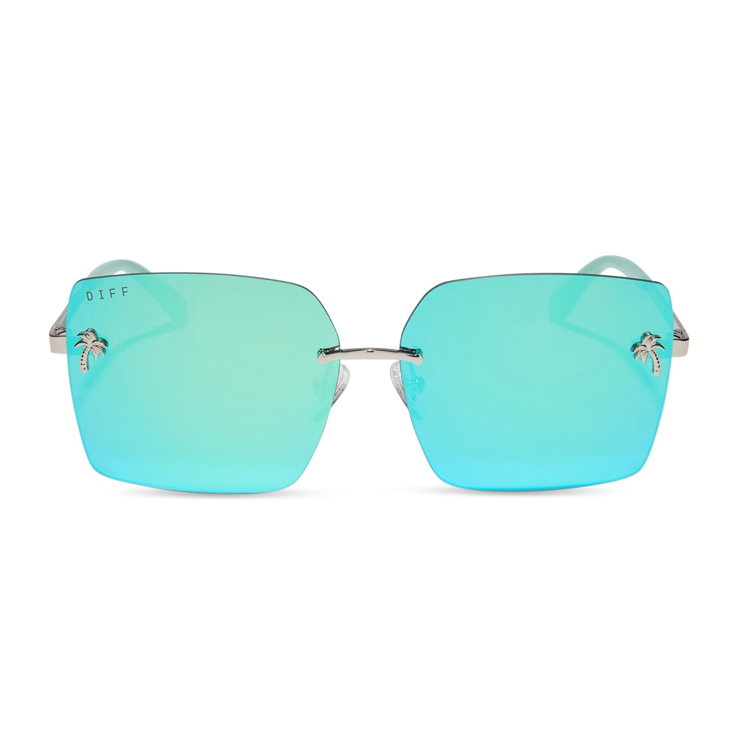 jena sims x diff eyewear featuring the rookie square sunglasses with a bronco blue and silver metal frame and teal mirror lenses front view