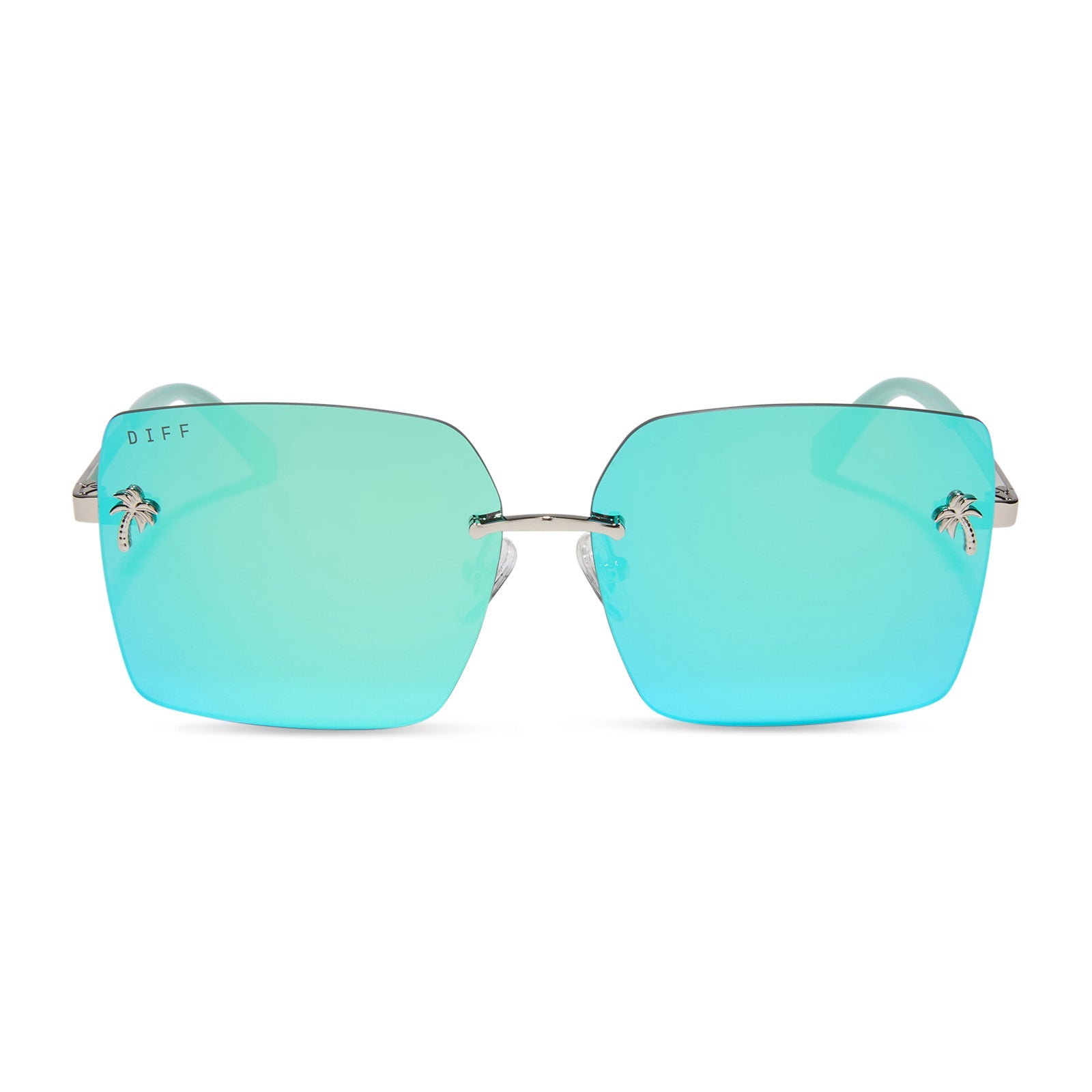 jena sims x diff eyewear featuring the rookie square sunglasses with a bronco blue and silver metal frame and teal mirror lenses front view
