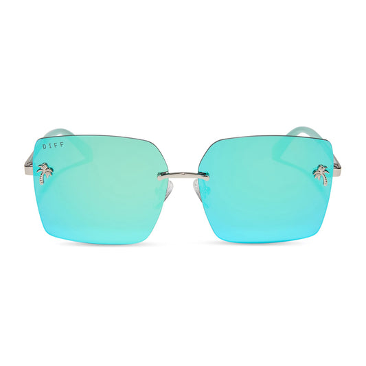 jena sims x diff eyewear featuring the rookie square sunglasses with a bronco blue and silver metal frame and teal mirror lenses front view