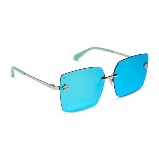 jena sims x diff eyewear featuring the rookie square sunglasses with a bronco blue and silver metal frame and teal mirror lenses angled view