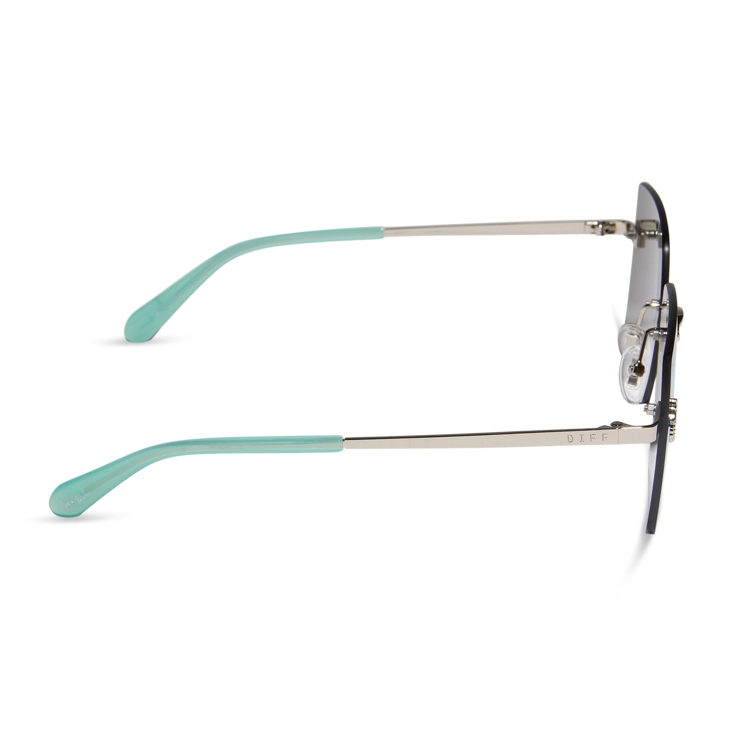 jena sims x diff eyewear featuring the rookie square sunglasses with a bronco blue and silver metal frame and teal mirror lenses side view