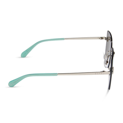jena sims x diff eyewear featuring the rookie square sunglasses with a bronco blue and silver metal frame and teal mirror lenses side view