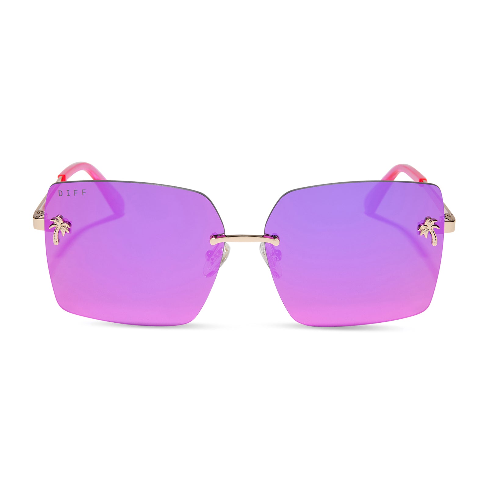 jena sims x diff eyewear featuring the rookie square sunglasses with a hot pink with gold metal frame and hot pink mirror lenses front view